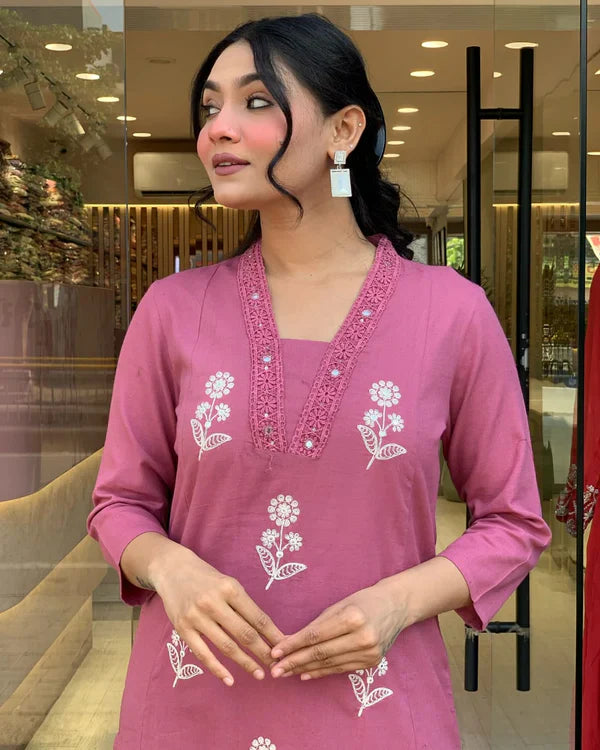 Biba Charming Rose Pink Floral Embroidered Cotton Suit Set