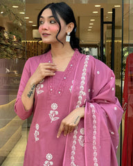 Biba Charming Rose Pink Floral Embroidered Cotton Suit Set