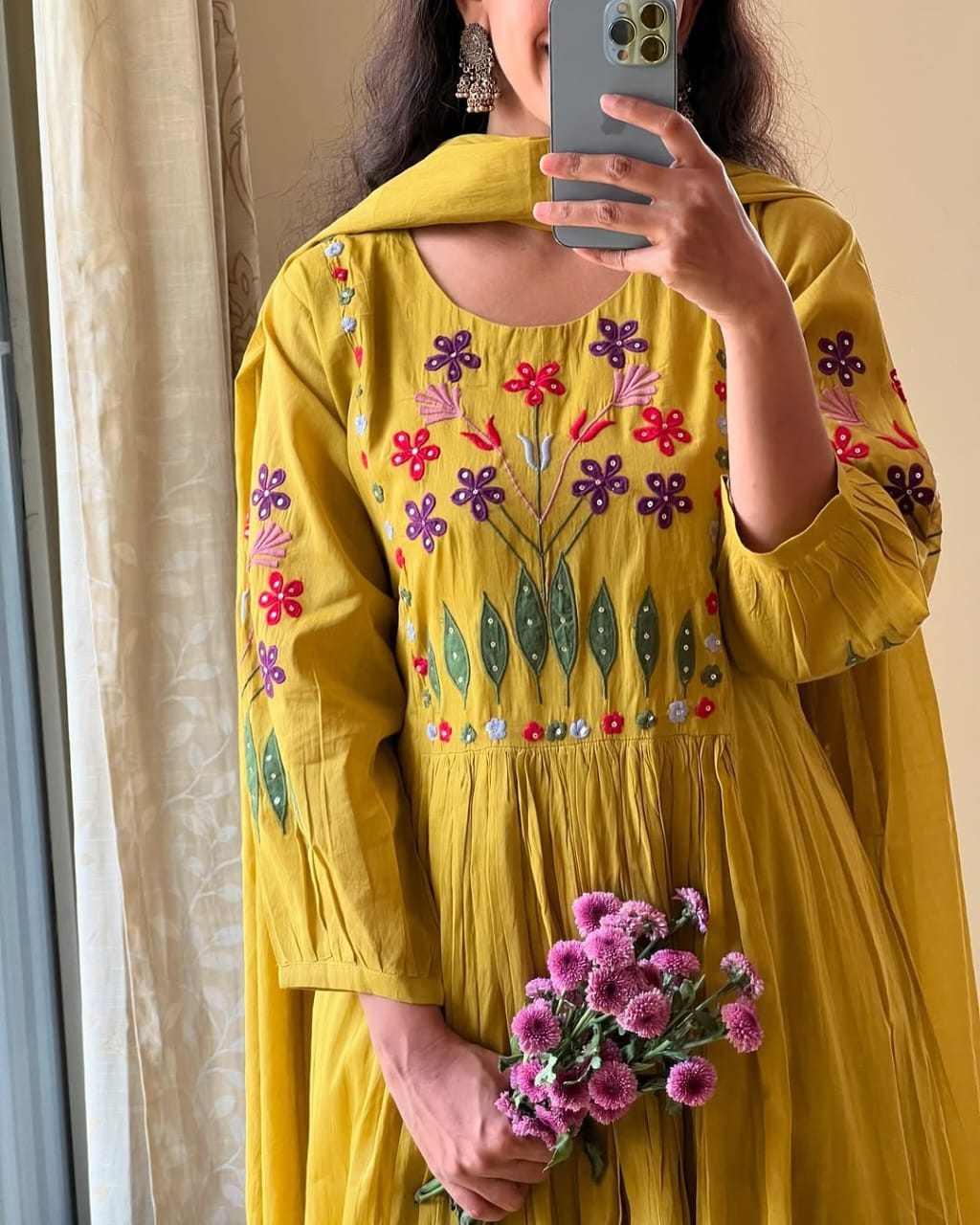 Biba Vibrant Yellow Anarkali With Floral Embroidery