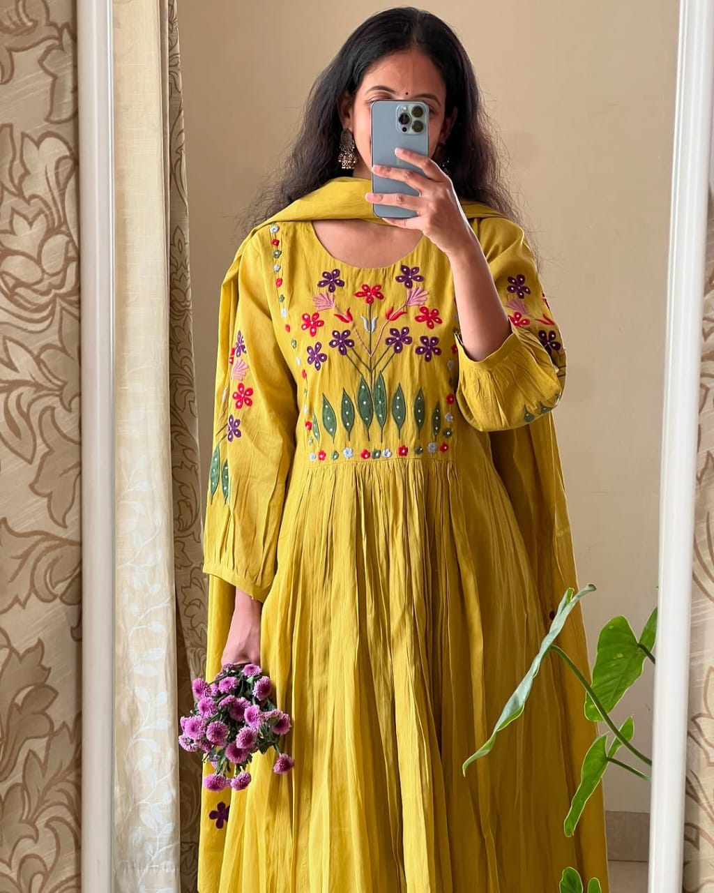 Biba Vibrant Yellow Anarkali With Floral Embroidery