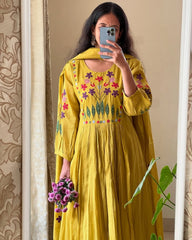 Biba Vibrant Yellow Anarkali With Floral Embroidery