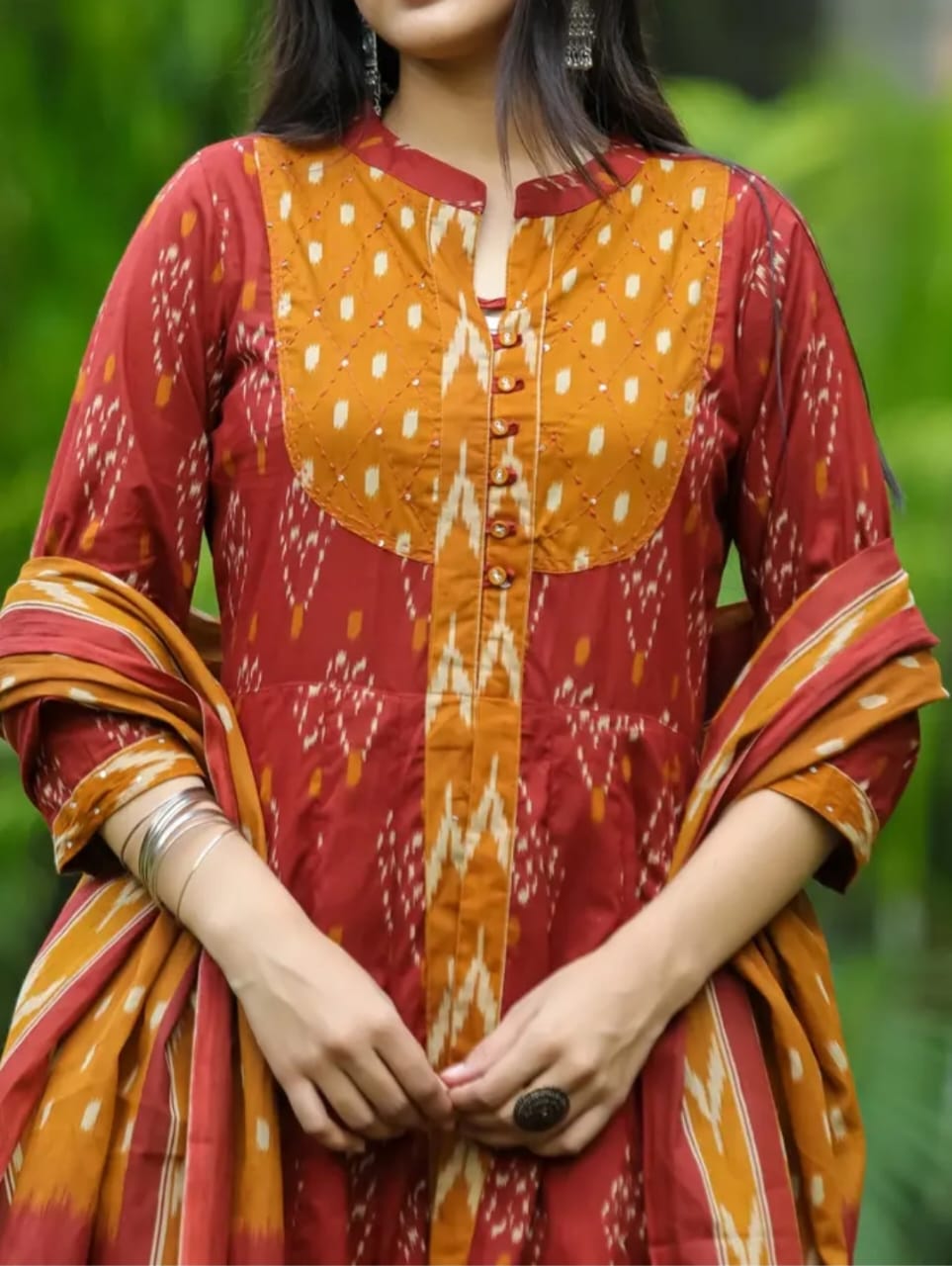 Biba Elegant Maroon & Rust Ikat Print Anarkali Suit Set