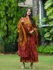 Biba Elegant Maroon & Rust Ikat Print Anarkali Suit Set