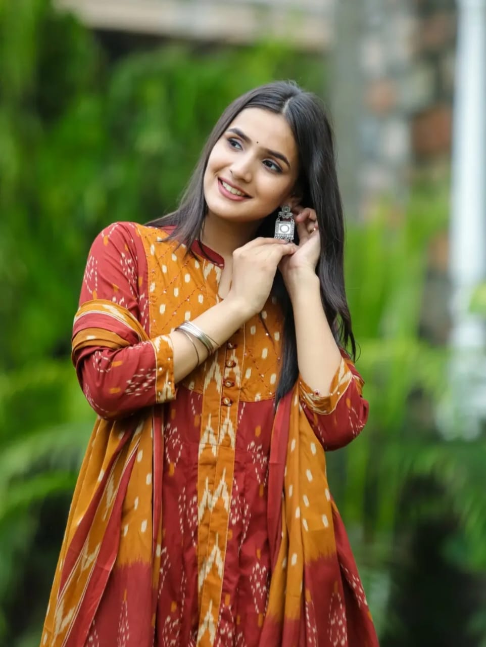 Biba Elegant Maroon & Rust Ikat Print Anarkali Suit Set