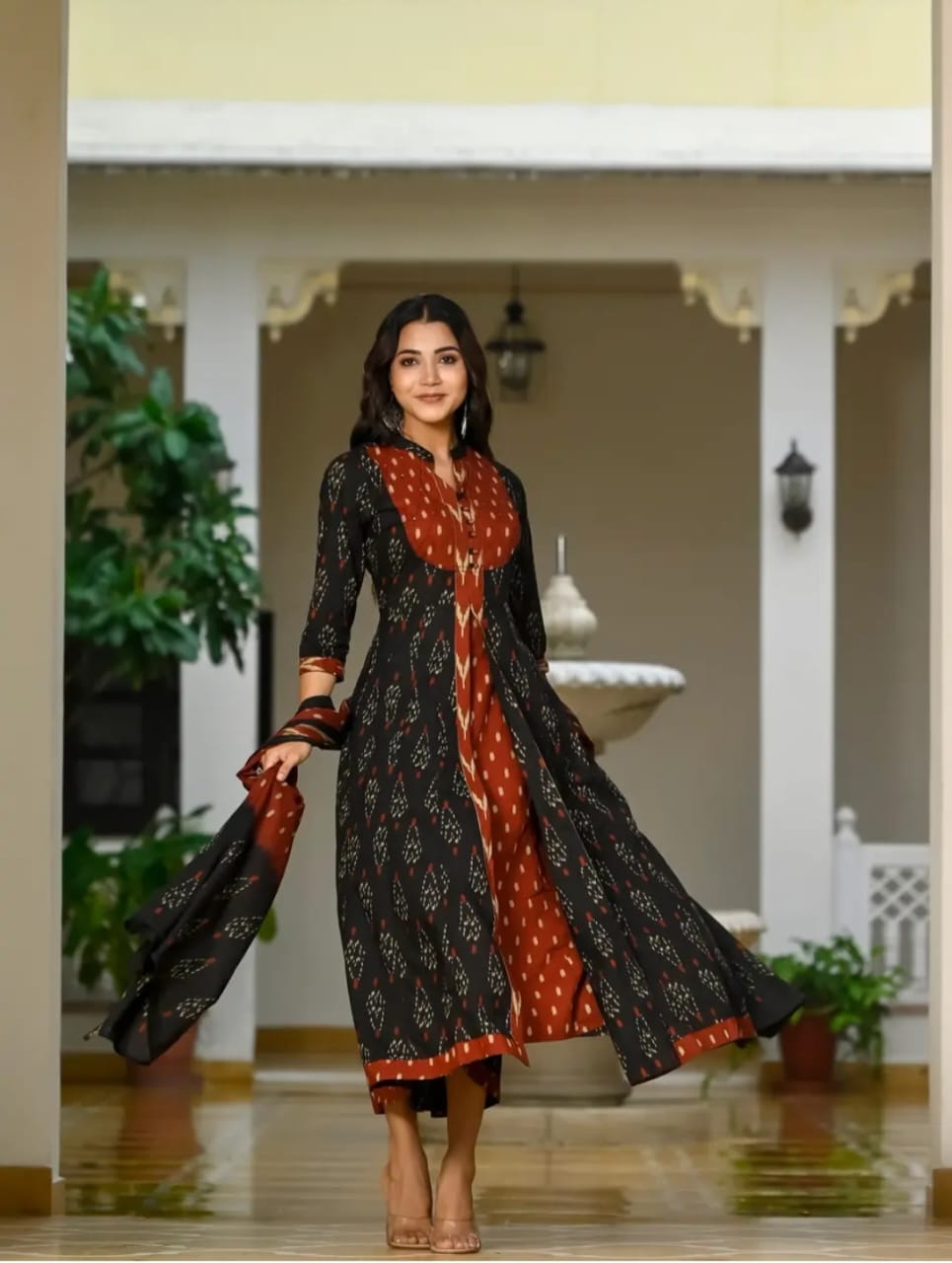 Biba Elegant Black & Rust Ikat Print Anarkali Suit Set