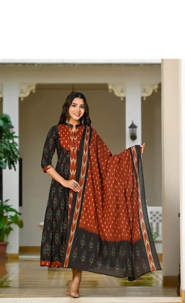 Elegant Black & Rust Ikat Print Anarkali Suit Set