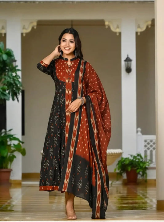 Biba Elegant Black & Rust Ikat Print Anarkali Suit Set