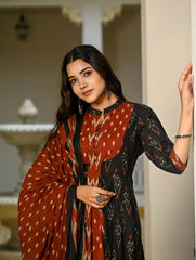 Biba Elegant Black & Rust Ikat Print Anarkali Suit Set