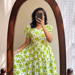 Biba Fresh Lime Green Floral Puff-Sleeve Midi Dress
