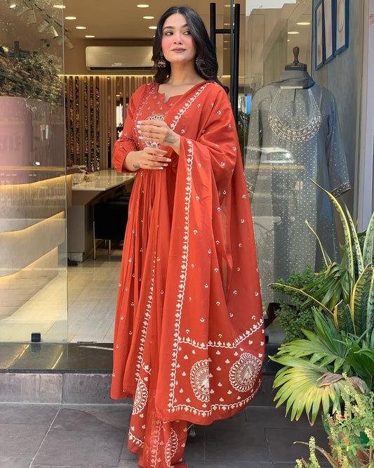 Biba Vibrant Rust Anarkali Suit With Embroidered Dupatta