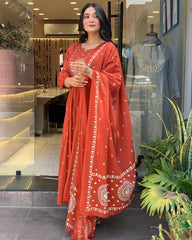 Biba Vibrant Rust Anarkali Suit With Embroidered Dupatta
