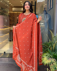 Biba Vibrant Rust Anarkali Suit With Embroidered Dupatta