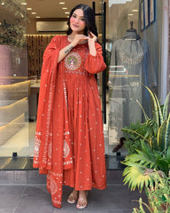 Biba Vibrant Rust Anarkali Suit With Embroidered Dupatta