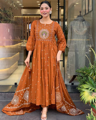 Biba Elegant Rust Orange Anarkali Suit With Intricate Embroidery