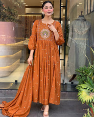Biba Elegant Rust Orange Anarkali Suit With Intricate Embroidery