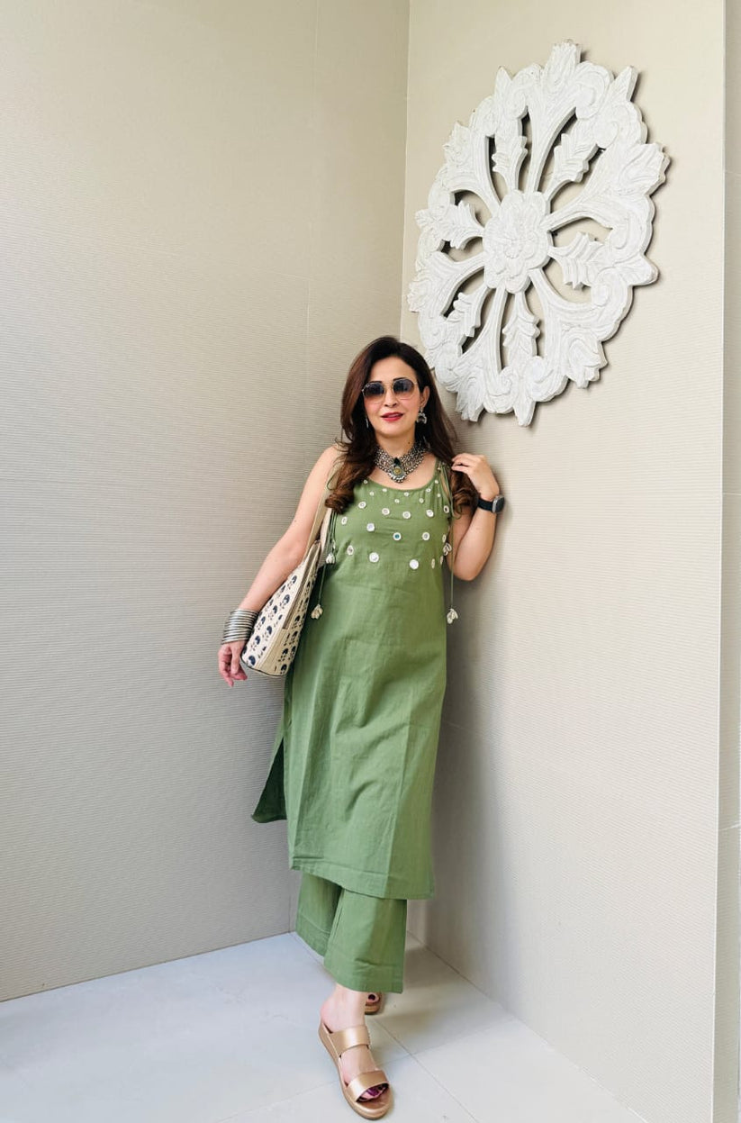 Beautiful Green Aari Mirror Work White Kurti With Pant