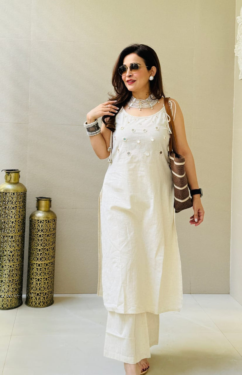 Beautiful White Aari Mirror Work White Kurti With Pant