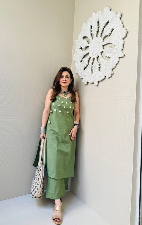 Beautiful Green Aari Mirror Work White Kurti With Pant