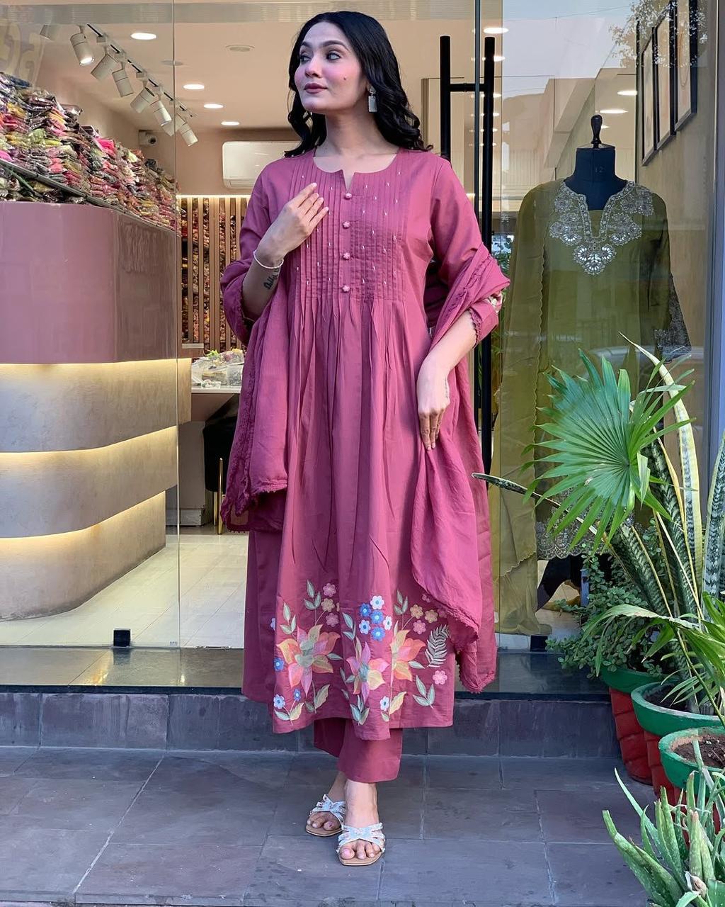 Biba Mauve Pink Embroidered Kurta Set
