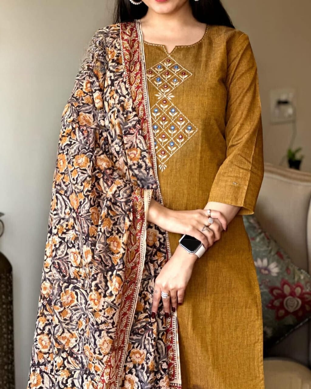 Biba Mustard Brown Embroidered Kurta Set With Floral Dupatta