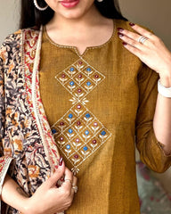 Biba Mustard Brown Embroidered Kurta Set With Floral Dupatta