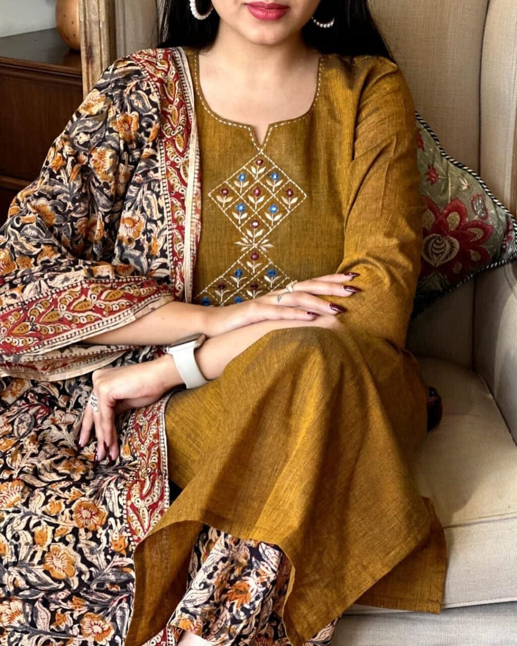 Mustard Brown Embroidered Kurta Set With Floral Dupatta