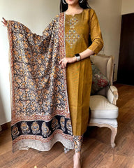 Biba Mustard Brown Embroidered Kurta Set With Floral Dupatta