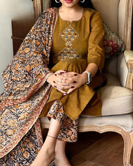 Biba Mustard Brown Embroidered Kurta Set With Floral Dupatta