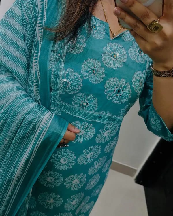 Biba Turquoise Cotton Suit Set With Floral Prints