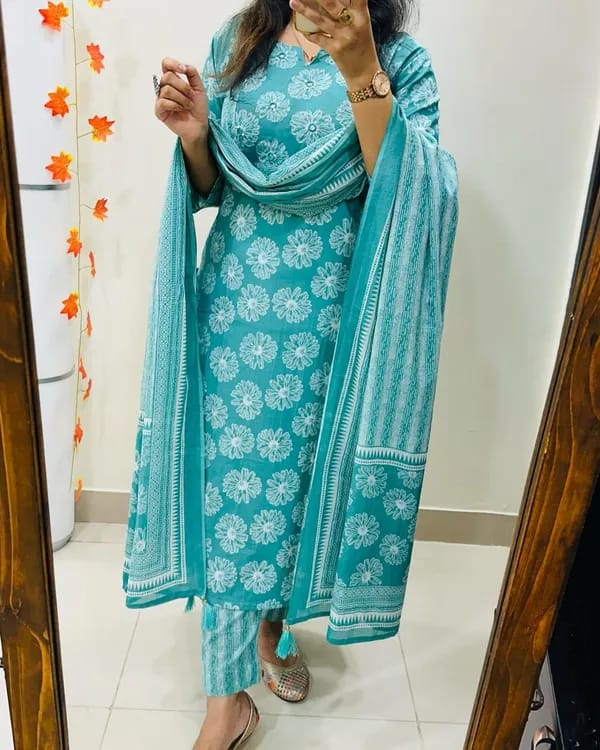 Biba Turquoise Cotton Suit Set With Floral Prints