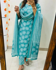 Biba Turquoise Cotton Suit Set With Floral Prints