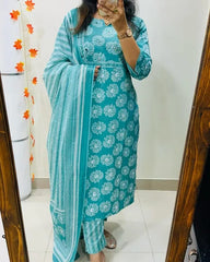 Biba Turquoise Cotton Suit Set With Floral Prints