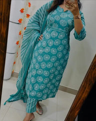 Biba Turquoise Cotton Suit Set With Floral Prints