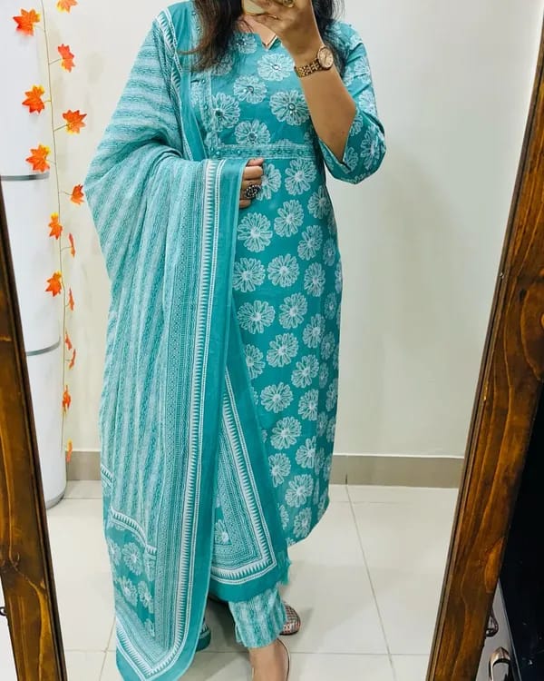 Biba Turquoise Cotton Suit Set With Floral Prints