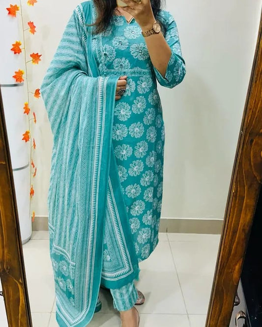 Biba Turquoise Cotton Suit Set With Floral Prints
