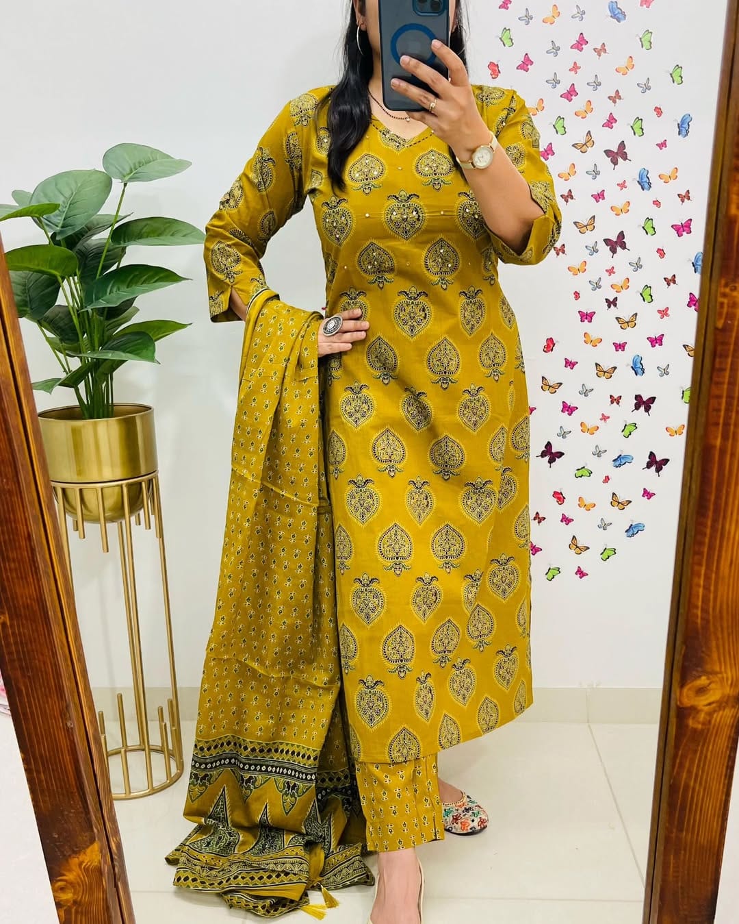 Biba Printed Mustard Kurta and Dupatta Set for Daily Elegance