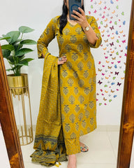 Biba Printed Mustard Kurta and Dupatta Set for Daily Elegance