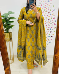 Biba Printed Mustard Kurta and Dupatta Set for Daily Elegance