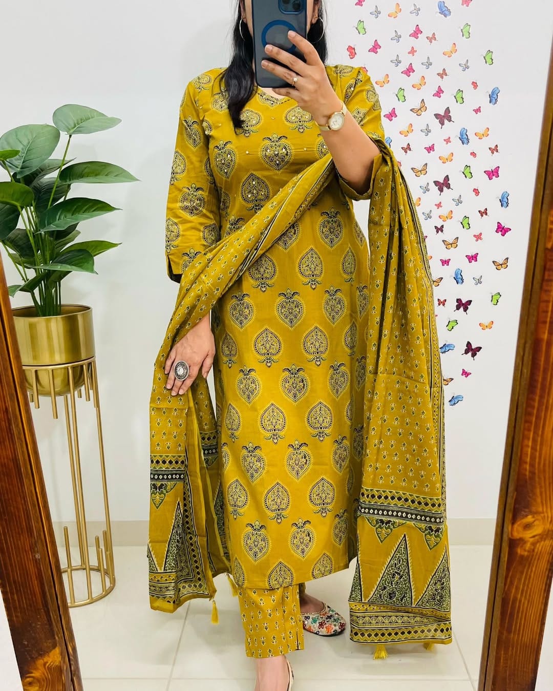 Biba Printed Mustard Kurta and Dupatta Set for Daily Elegance