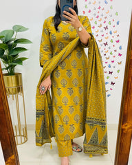 Biba Printed Mustard Kurta and Dupatta Set for Daily Elegance