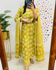 Biba Mustard Yellow Floral Printed Cotton Suit Set