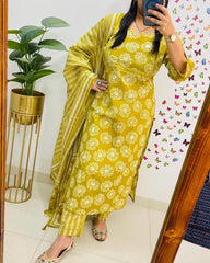 Biba Mustard Yellow Floral Printed Cotton Suit Set