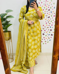 Biba Mustard Yellow Floral Printed Cotton Suit Set