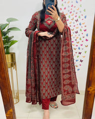 Biba Elegant Maroon Block Print Cotton Suit Set