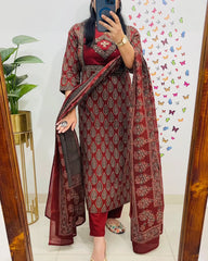 Biba Elegant Maroon Block Print Cotton Suit Set