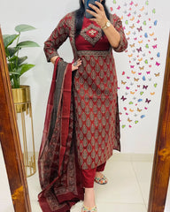 Biba Elegant Maroon Block Print Cotton Suit Set