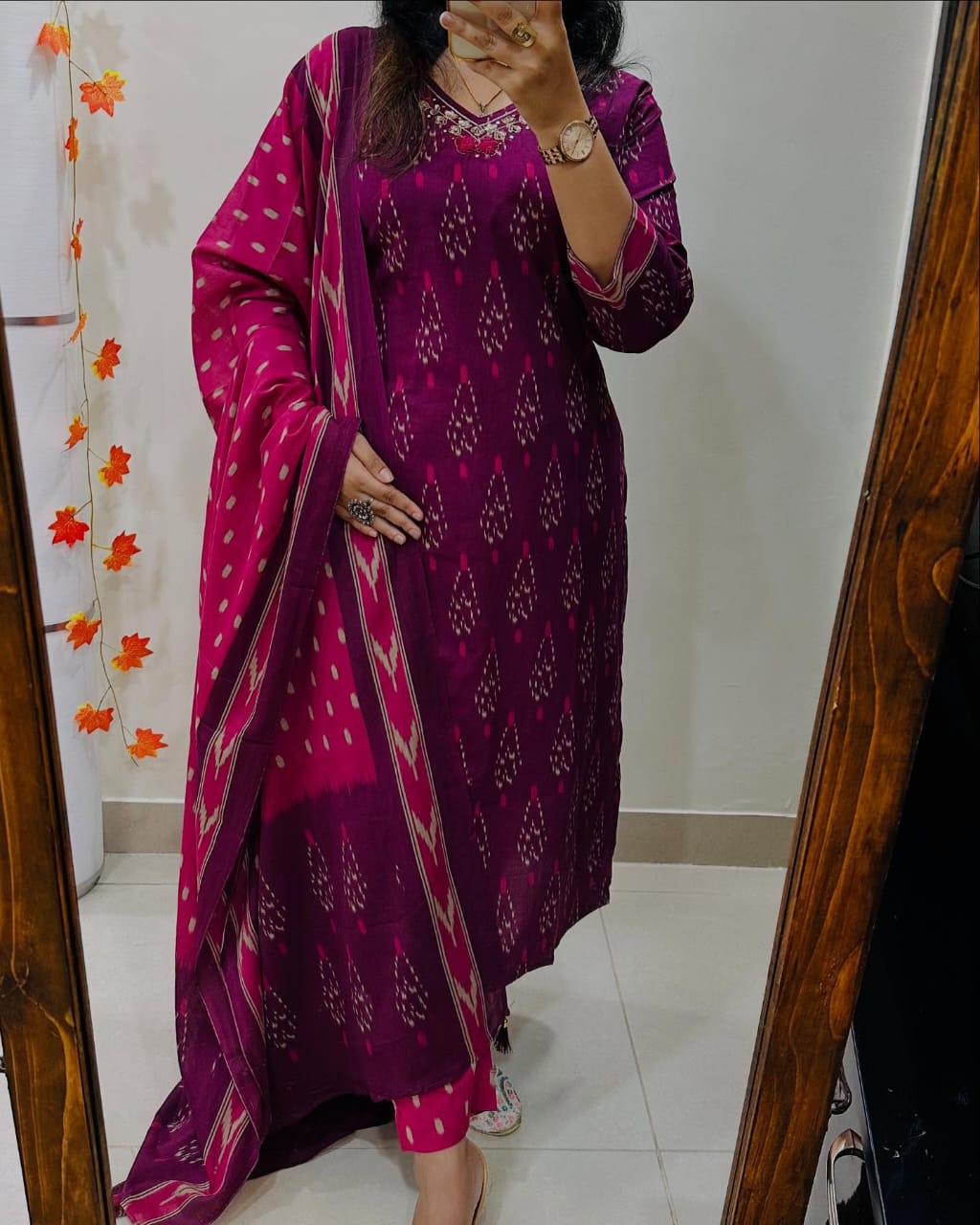 Biba Magenta Ikat Print Suit Set With Dupatta