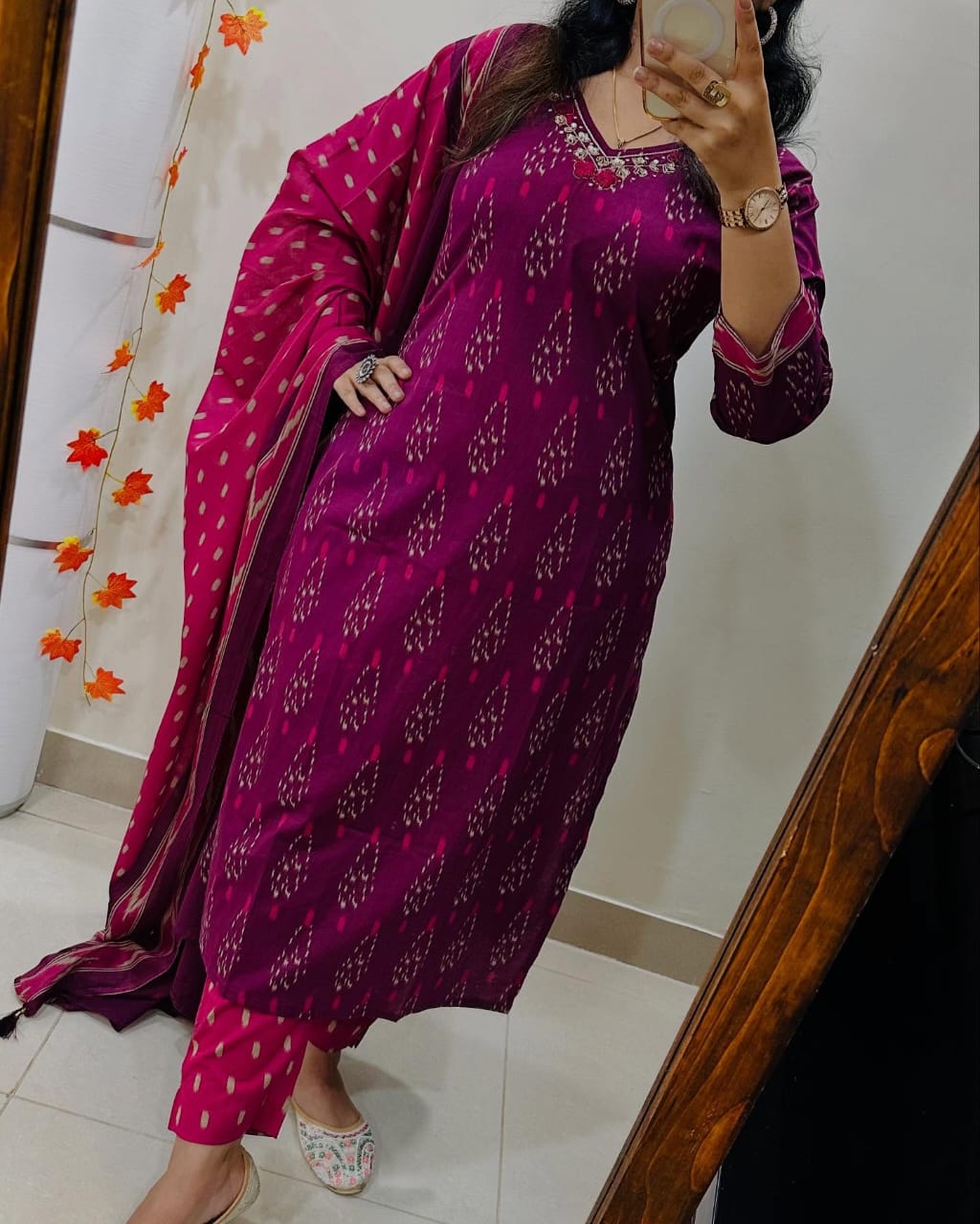 Biba Magenta Ikat Print Suit Set With Dupatta