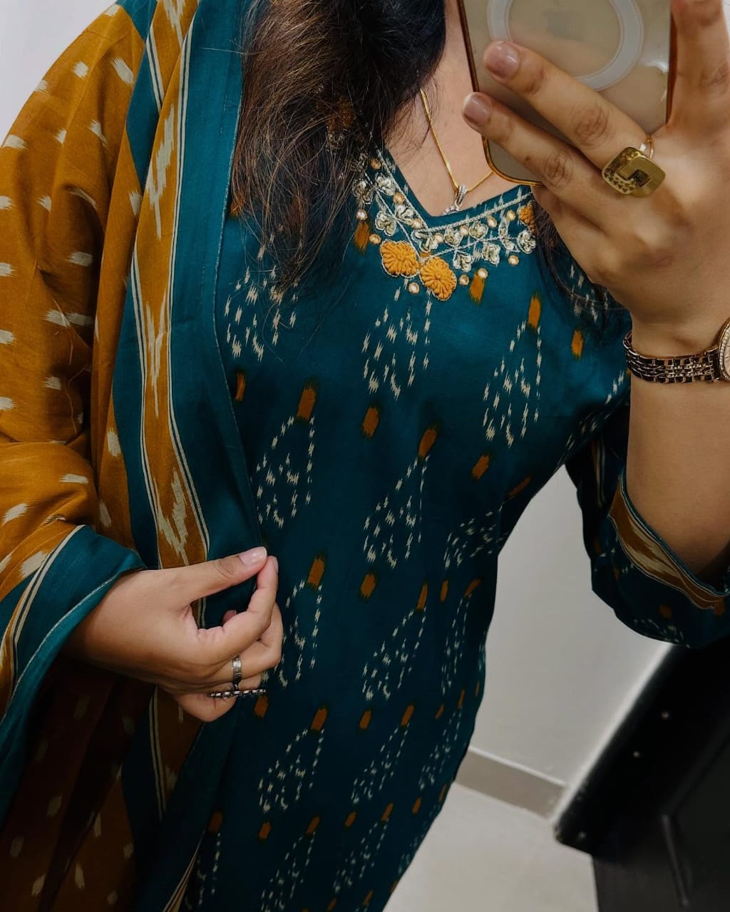 Biba Teal And Mustard Ikat Print Suit Set