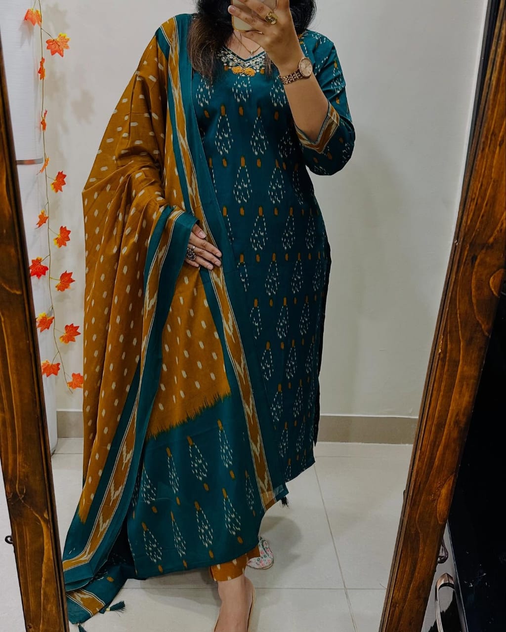 Biba Teal And Mustard Ikat Print Suit Set